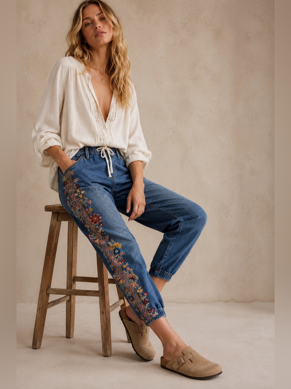 DRIFTWOOD Blue Embroidered Side-Panel Jeans